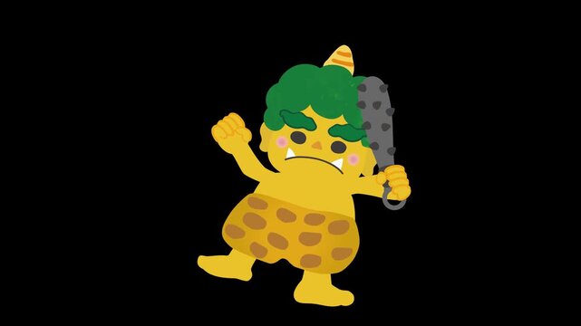 節分用金棒を持っている愛い黄鬼のアニメーション動画素材