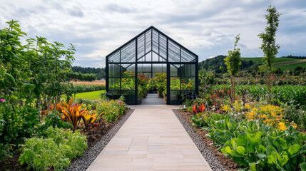 Obraz premium Modern Greenhouse with Lush Garden in Sunlit Landscape