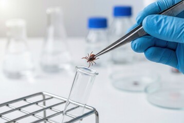 Scientist in blue gloves holds a tick with tweezers over a test tube in a laboratory