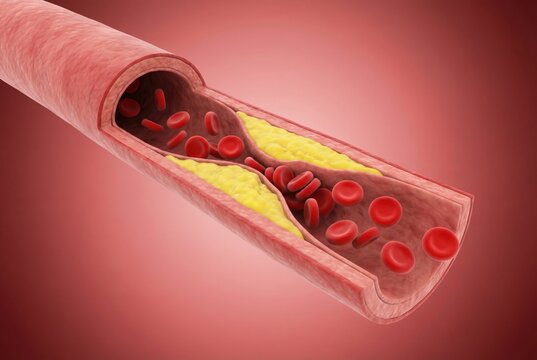 Cross-section of an artery showing plaque buildup and red blood cells flowing through