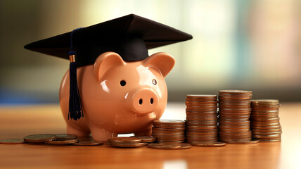 a piggy bank wearing a graduation hat with stacks of coins.
