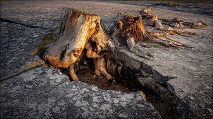Fototapeta premium underground. Ancient tree roots glowing beneath a cracked island surface, resembling buried lightning. ESG reports.