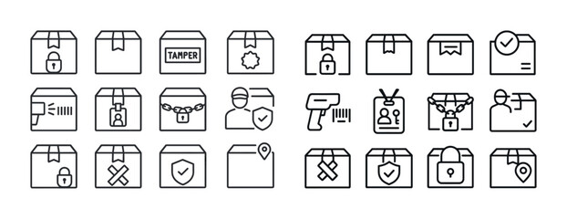 Set of icons depicting package security, tracking, and delivery processes