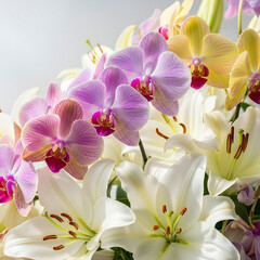 Elegant Floral Aesthetic Background with Colorful Orchids and White Lily Macro in Soft Natural Light