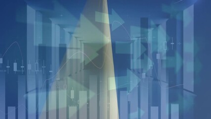 Animation of graphs, arrows and sky over moving wind turbine and caucasian male worker - Powered by Adobe