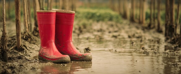 The Red Rubber Boots Standing in a Muddy Field After Spring Rain