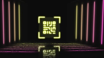 Animation of neon lines and qr code on black background - Powered by Adobe