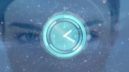 Animation of clock moving over globe, purple shapes, connections and face of caucasian woman - Powered by Adobe