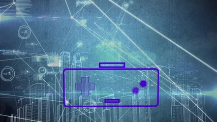 Animation of game pad over connections and cityscape on navy background - Powered by Adobe