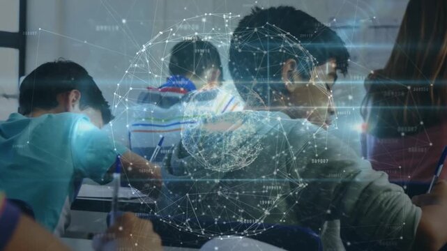 Animation of connections and globe over diverse students learning at school
