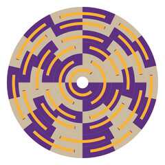 Circular labyrinth icon. Purple gold Vector. Extraordinary maze pattern. Symmetrical round texture