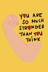You are stronger than you think. Lettering vintage typographic poster. Motivational and inspirational vector illustration, man silhouette and quote. fitness club and bodybuilding advertising template.