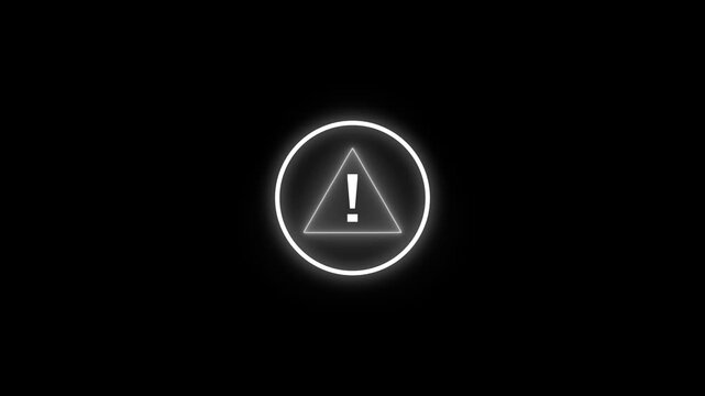 Glowing light neon white color warning attention icon animation danger risk hazard alert road warning sign stop error signal emergency problem issue important sign symbol animated.