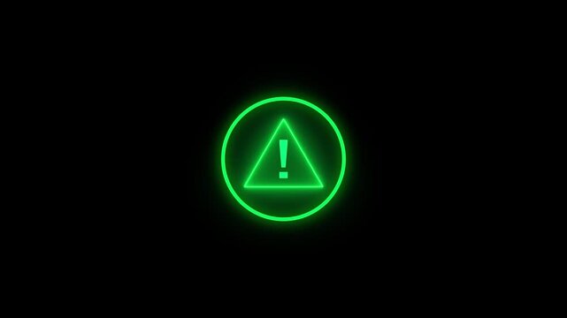 Glowing light neon green color warning attention icon animation danger risk hazard alert road warning sign stop error signal emergency problem issue important sign symbol animated.