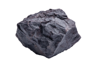 Close-up studio shot of a raw, dark gray, jagged, natural rock against a black background