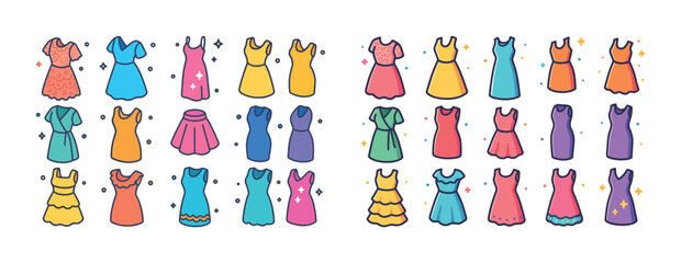 Colorful variety of dresses with diverse styles and patterns on white background