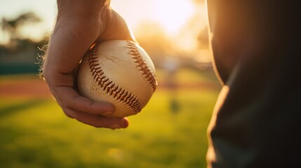 The Baseball Held in a Player's Hand at Sunset on a Grass Field