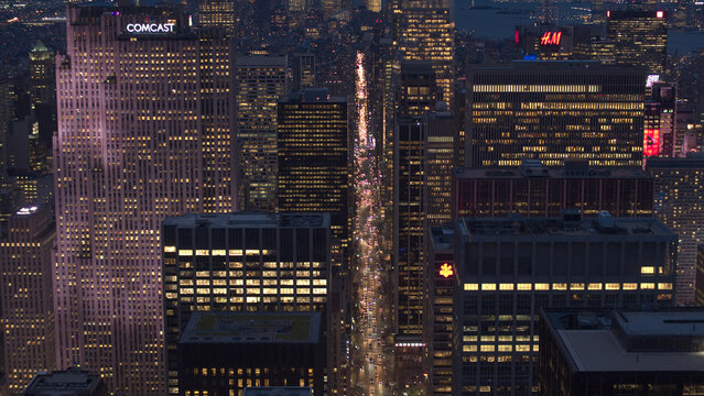 AERIAL: Traffic on busy 6th avenue druring the evening rush hour in New York