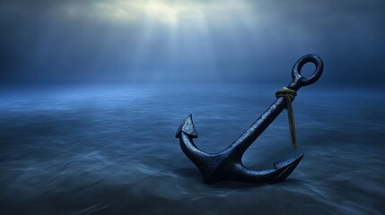 A heavy iron anchor is submerged deep within the blue ocean seabed with sunlight rays filtering down through the water surface