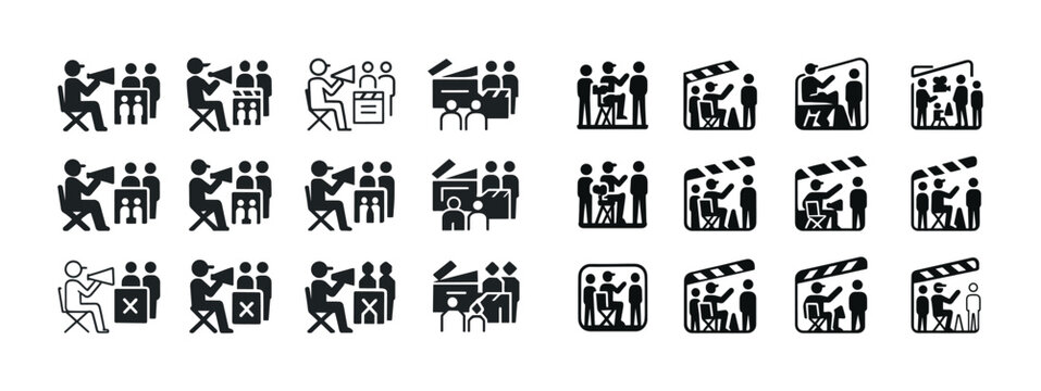 Icon set of filmmaking and movie production scenes with directors and actors