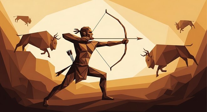 Ancient Hunter Aiming Bow at Bison.