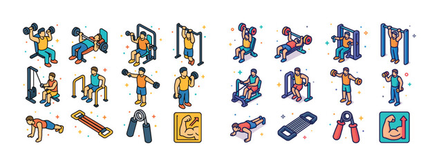 Fototapeta premium Colorful fitness icons: diverse exercise routines and equipment illustrated