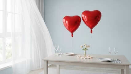 Romantic dinner setup with heart balloons and candles
