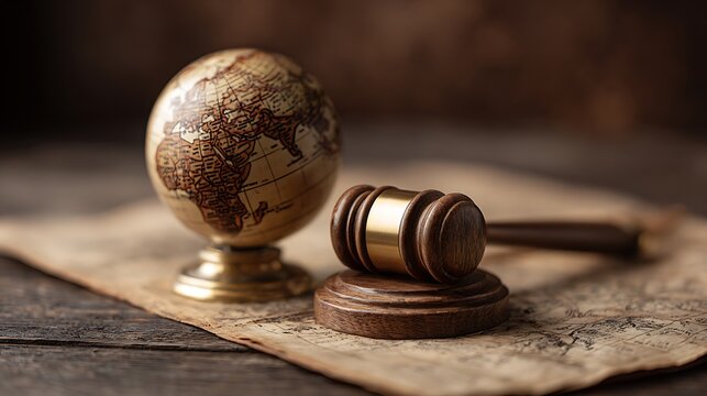 A globe rests on map with a gavel; wooden background, symbolic of international justice, law, and order - Powered by Adobe