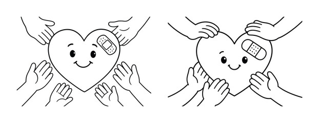 Hands comforting smiling heart with bandages cartoon