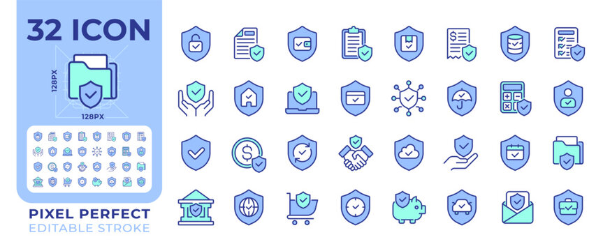 Protection pixel perfect line color icons set. Data protection, personal privacy. Insurance policies. Cyber security. Vector illustrations. Simple flat colorful symbols collection. Editable stroke