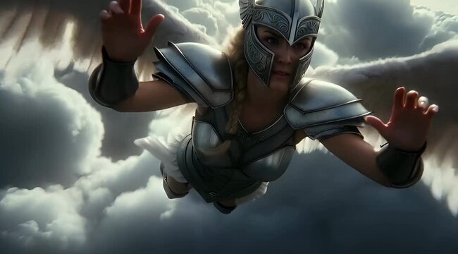Mighty Female Warrior Goddess in Winged Armor Soaring Through Dramatic Sky