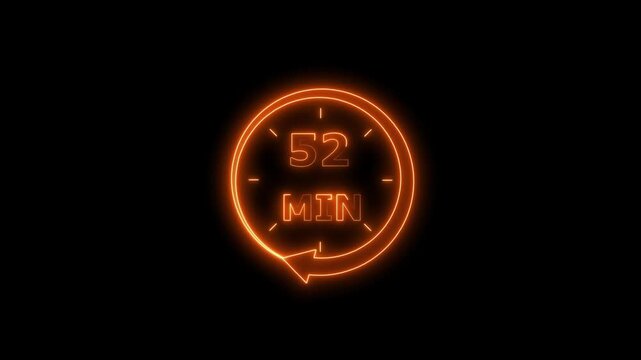 Clock icon 24 Hour Day Fast Speed neon bright orange color animation. Digital clock time rotation 52 minute black background 4k video.