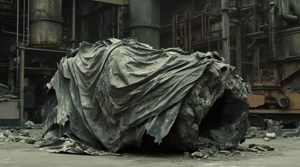 A large pile of weathered and ripped tarpaulins covering an unknown object in an industrial setting