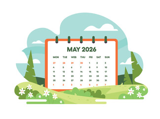 May 2026 calendar page vector illustration. Beautiful spring landscape with green hills, trees, and white flowers. Fresh nature season concept
