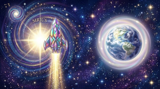 Cosmic spaceship journey to Sirius star amid swirling galaxy and glowing earth. Esoteric vision of spiritual awakening and new earth future. Mystical space exploration and divine enlightenment