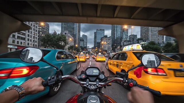 Riding a motorcycle through a busy city street with yellow taxis and other vehicles