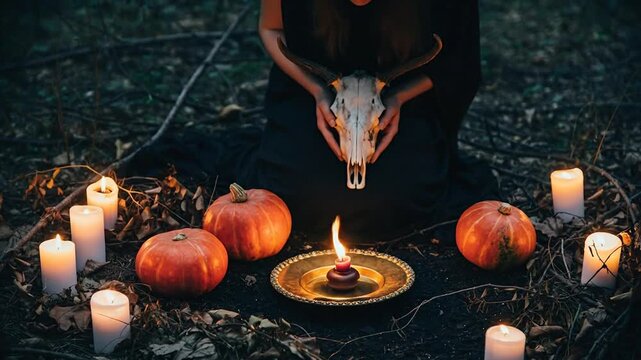 Mystical Ritual with Skull, Pumpkins, and Candles in a Dark Forest Setting