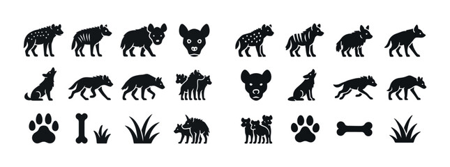 Hyena and canine silhouettes with paw prints bones and grass icons