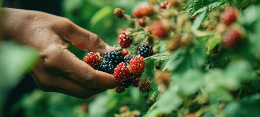 The Blackberries Being Picked by Hand from a Lush Green Berry Bush
