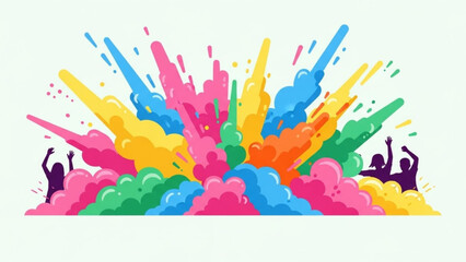 Vibrant colorful paint splashes with joyful people celebrating in the background conveying excitement and happiness in a lively scene with celebration