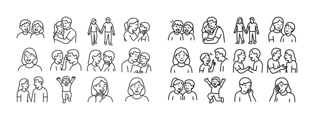 Diverse family relationships: parenting and friendship moments in line drawings