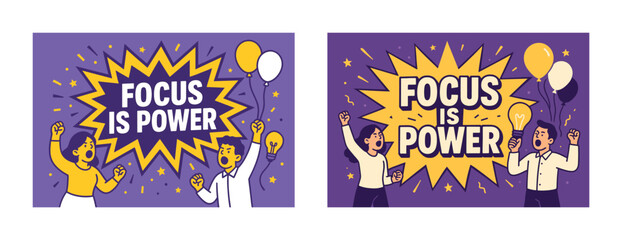 Focus is power: motivational illustration with asian adults celebrating success