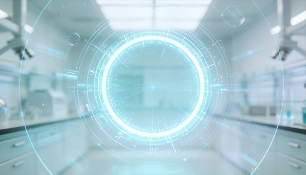 Futuristic technology interface circle background animation video loop in 4k glowing hud ring over clean science laboratory blur creating calm high tech digital innovation mood
