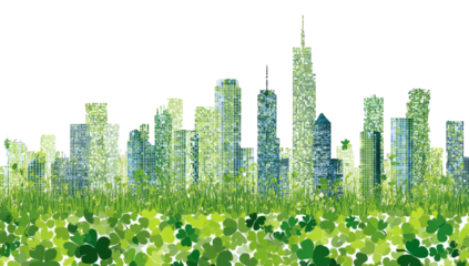A stylized cityscape illustration, rendered green with foliage over buildings and clover ground