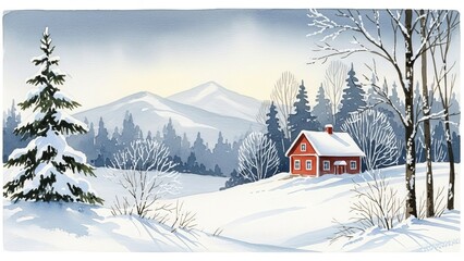 A serene winter landscape with a red cabin surrounded by snow-covered trees and mountains in the background