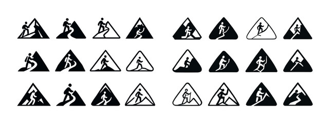 Monochrome icons of hiking, skiing, climbing activities in triangles