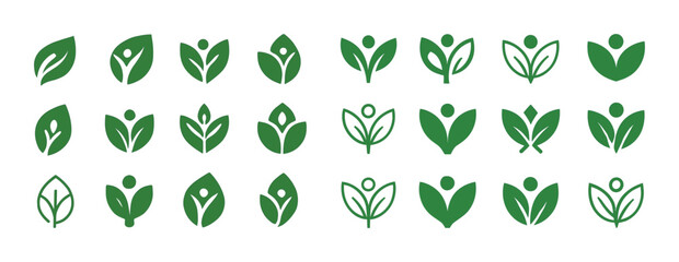 Collection of green nature icons featuring abstract leaf and person designs