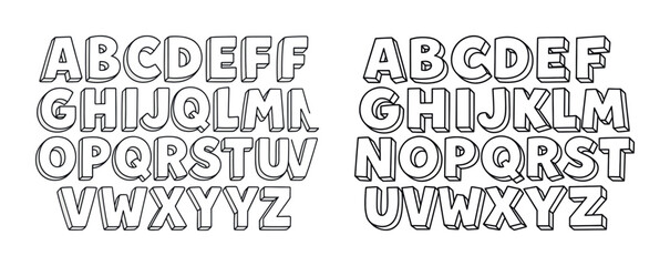 Black and white 3d alphabet set with bold outlined letters