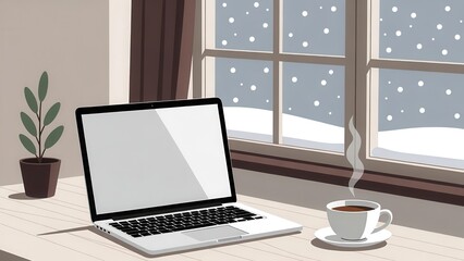 Fototapeta premium Laptop workspace by snowy window: Remote Work Lifestyle