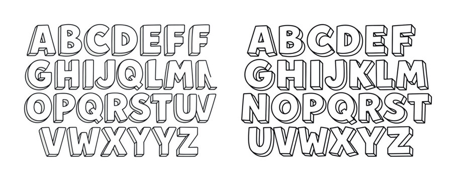 Black and white 3d alphabet set with bold outlined letters